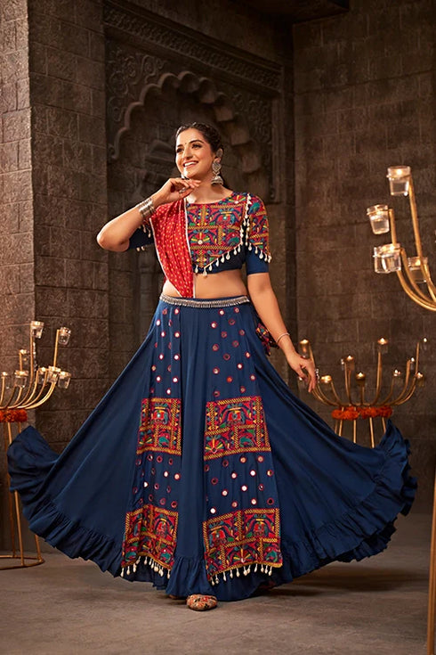 Shubhkala Blue Thread Embroidered Chaniya Choli for Indian Navratri Special Collection